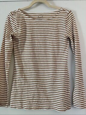 J. Crew White and Brown/Gold Striped Long Sleeve Tee